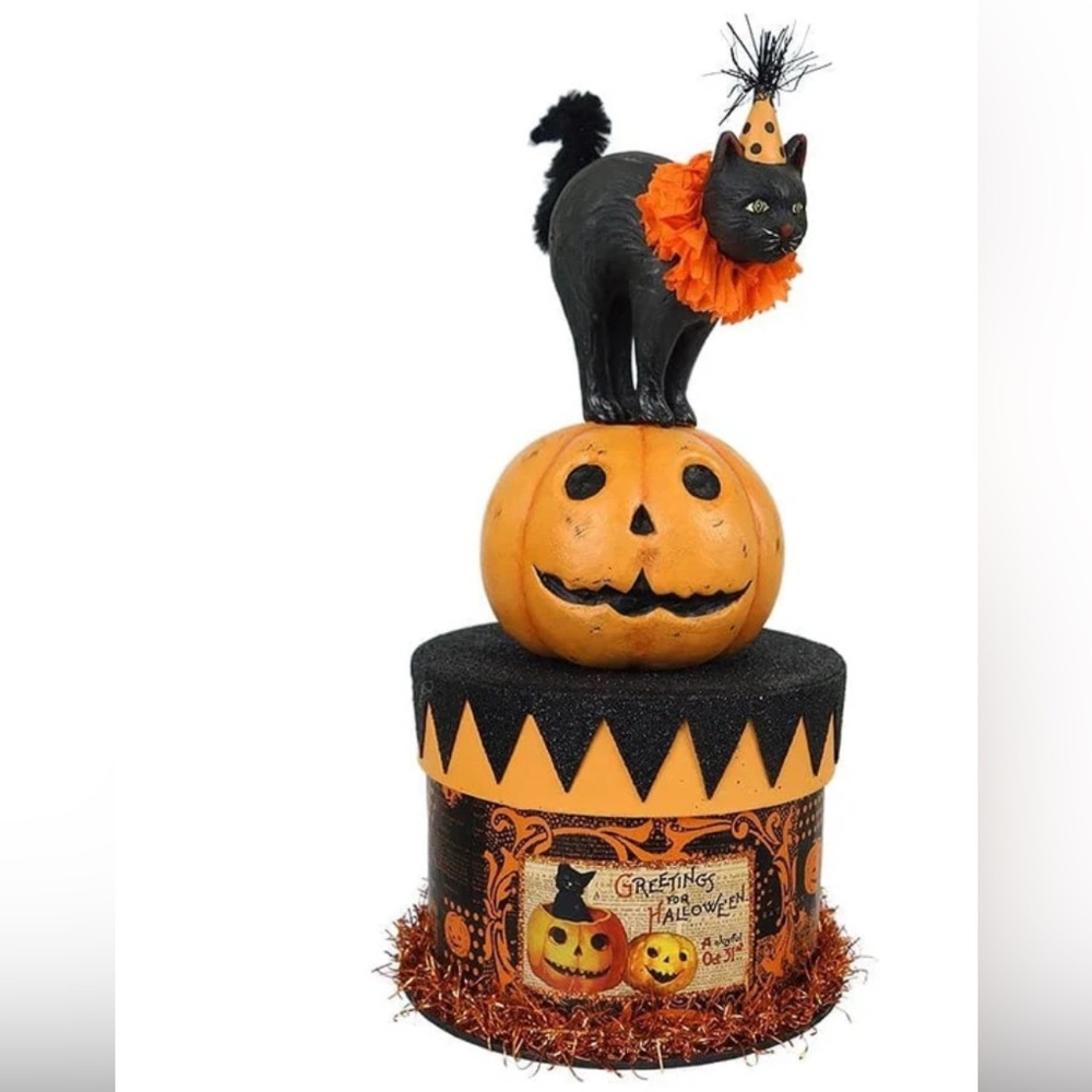 Bethany Lowe Halloween Party Cat on Pumpkin Box Treat Container Vintage Inspired